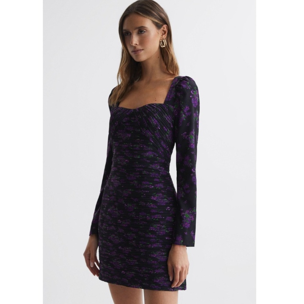 AMUR Giulia Pleated Mini Dress Black Purple Puff Sleeve Size 4 Dark Feminine